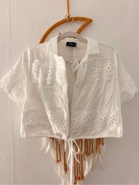 White Eyelet Cropped Blouse with Tie Front